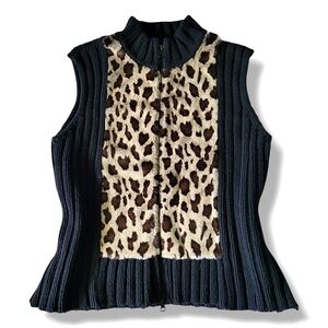 Leopard Print Faux Fur and Black Cotton Rib Zip-up Vest